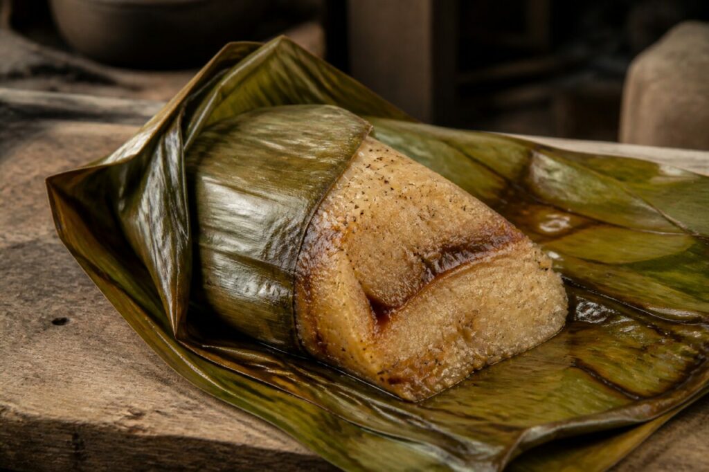 Chapana peruana de mandioca e chancaca aberta em folha de bananeira