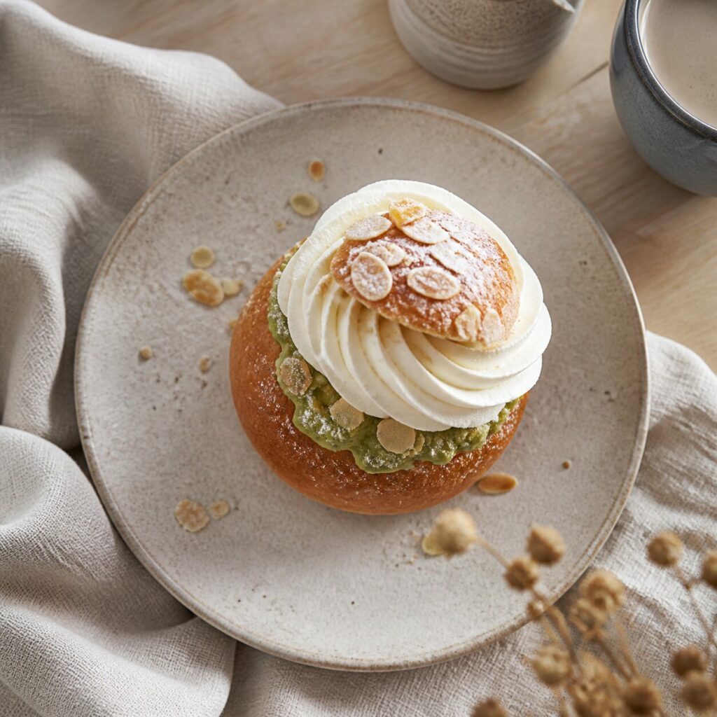 Cappello di brioche inclinato sul semla al pistacchio e mandorle