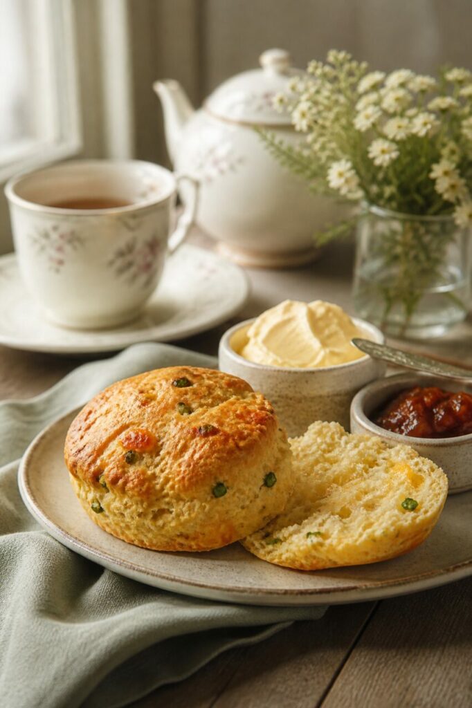 Cheddar orangé ponctuant le scone à la ciboulette