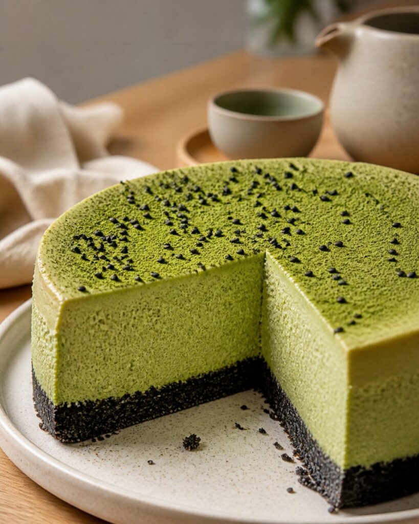 Mousse matcha et socle sombre révélés dans la coupe