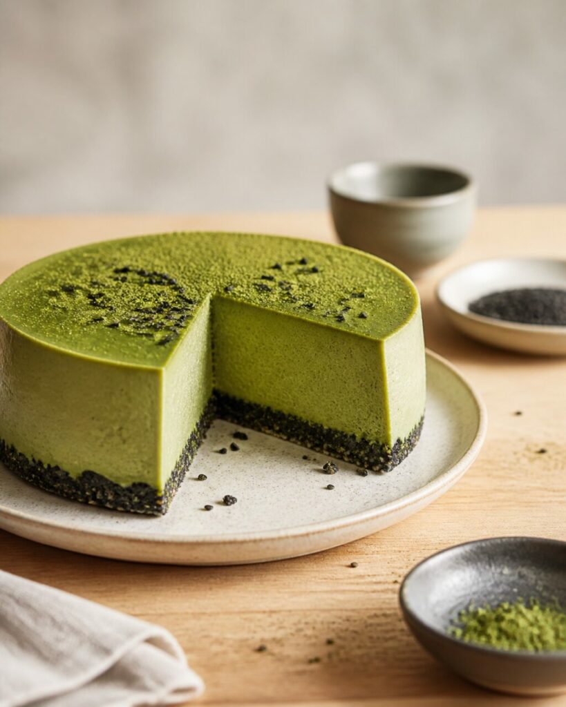Tasses et bols en céramique auprès du gâteau minimaliste au matcha