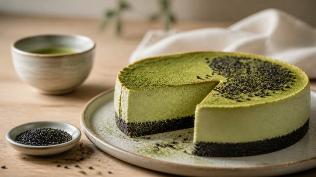Bol de graines de sésame et tasse auprès du cheesecake découpé