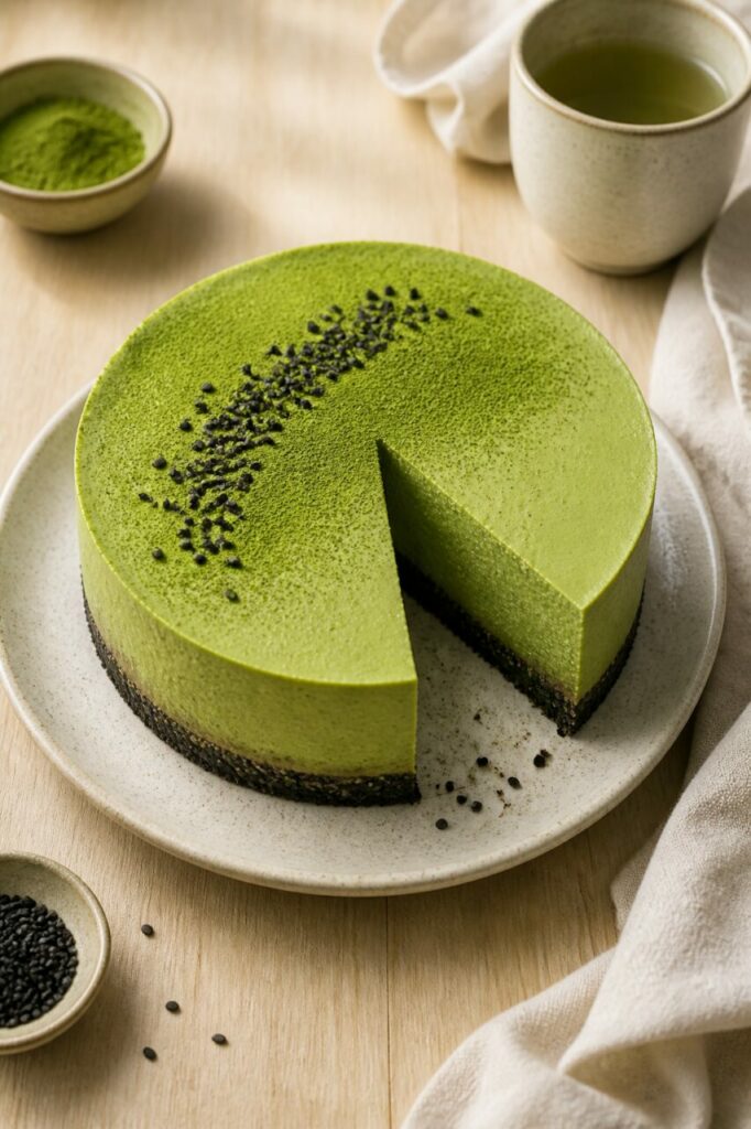 Part retirée du gâteau vert sur sa base de sésame noir