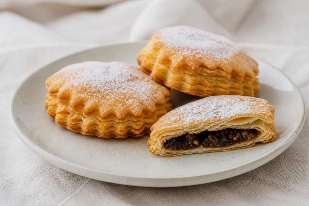 Douceur chilienne traditionnelle — chilenitos feuilletés dorés, réunis par paires et ouverts sur une garniture sombre