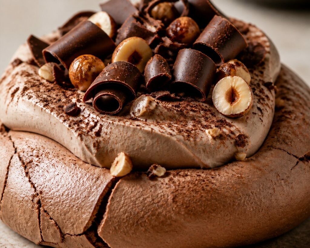 Riccioli di cioccolato sulla crema della pavlova al cioccolato e nocciole