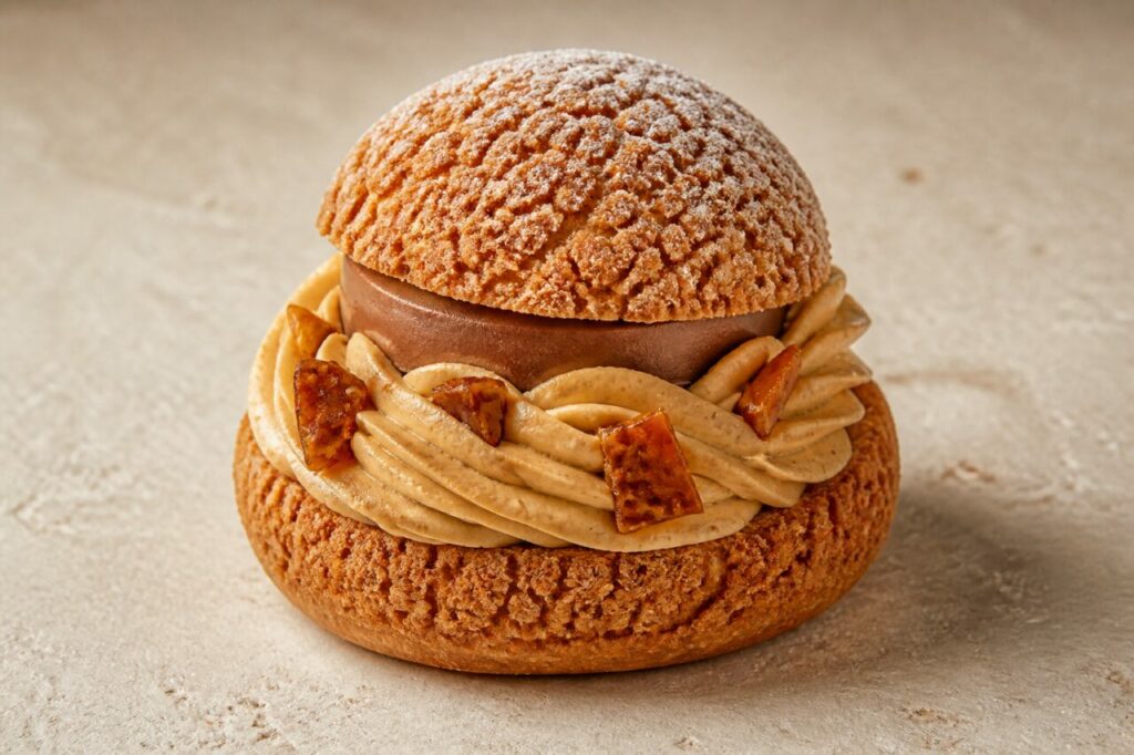 Choux craquelin de praliné coroado por um disco de chocolate