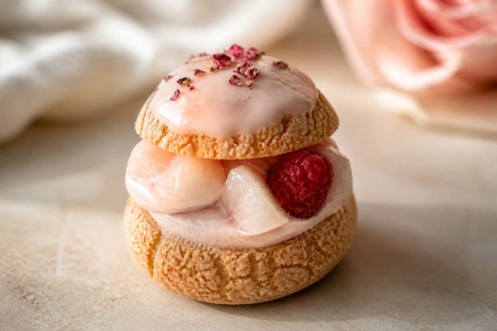 Chou de lichi y frambuesa relleno de crema rosa y fruta translúcida
