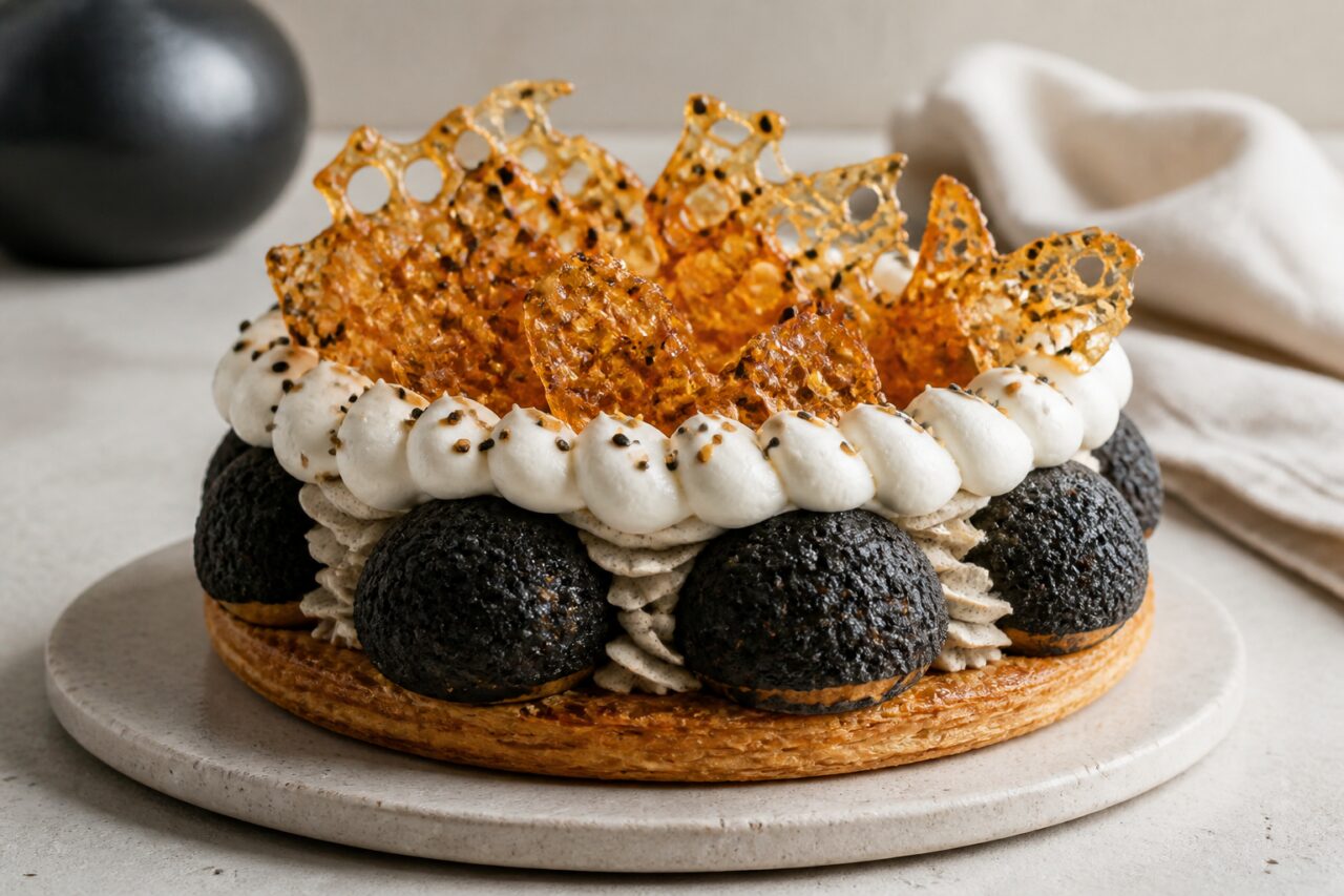 Jet-black choux punctuate the creamy black sesame Saint-Honoré