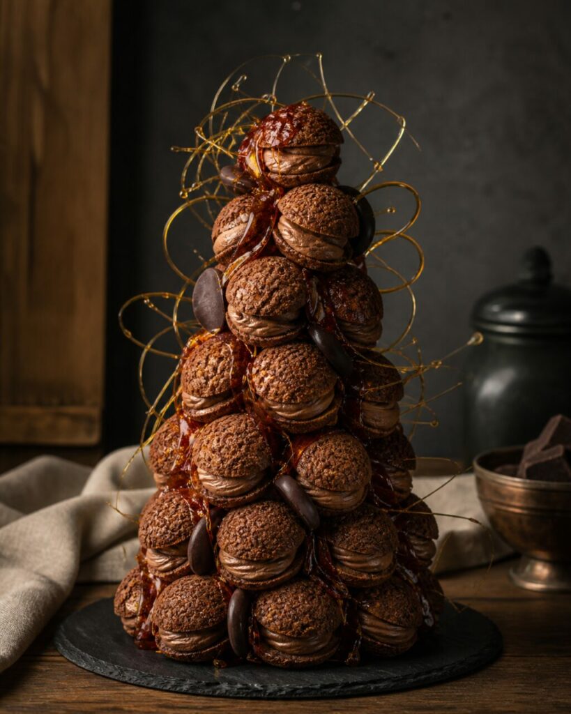Open cream-filled choux shape the chocolate caramel croquembouche