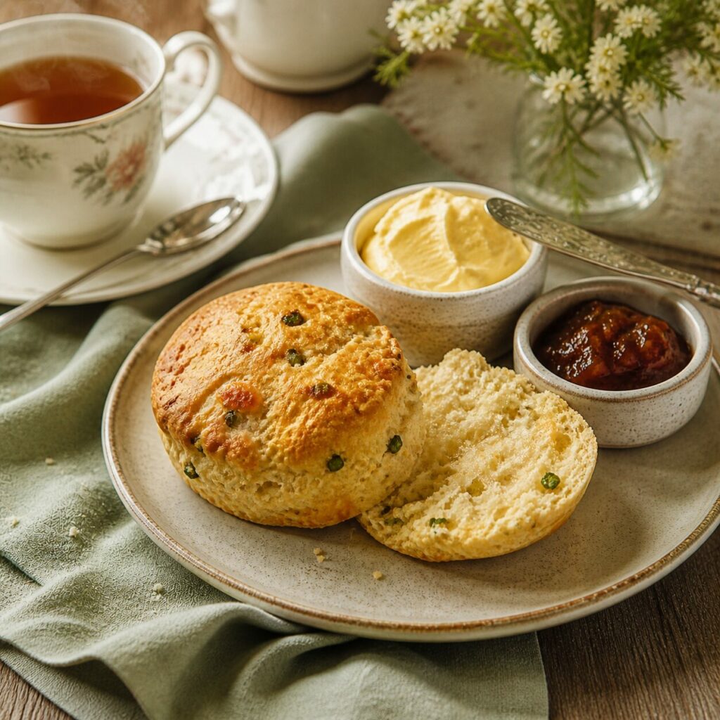 Ciboulette verte dans la mie aérée du scone au cheddar