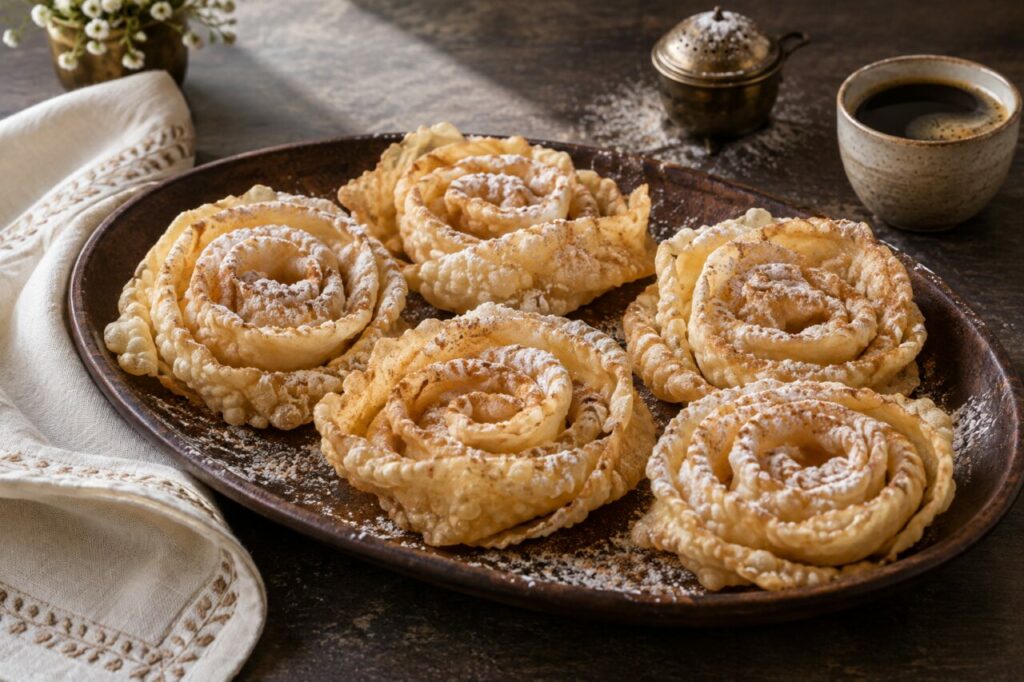 At breakfast, five cinnamon-dusted Sephardic fazuelos accompany a cup of black coffee