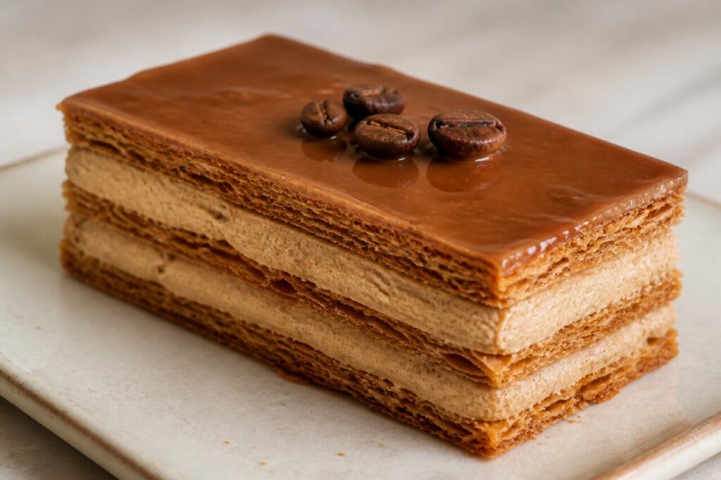 Cinq grains de café réunis sur le mille-feuille moka