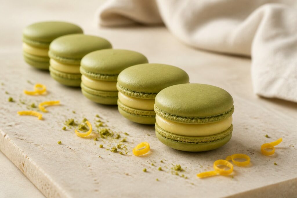 Cinq macarons matcha-yuzu forment une ligne verte et jaune