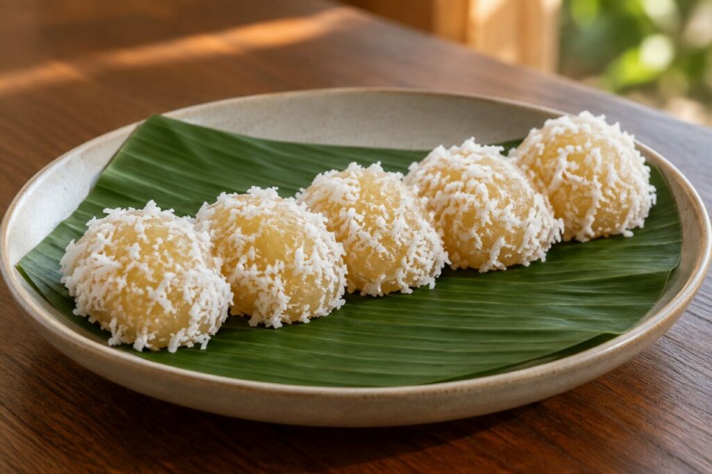Cinq pichi-pichi au coco alignés sur une feuille de bananier