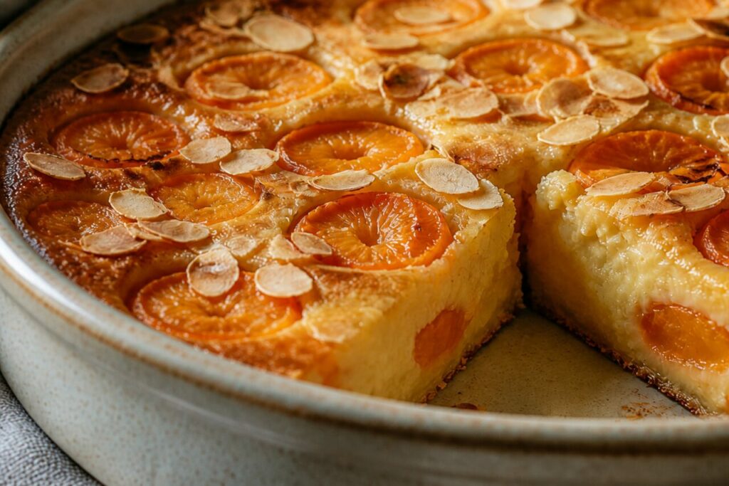 Abricots et amandes dans la coupe crémeuse du clafoutis