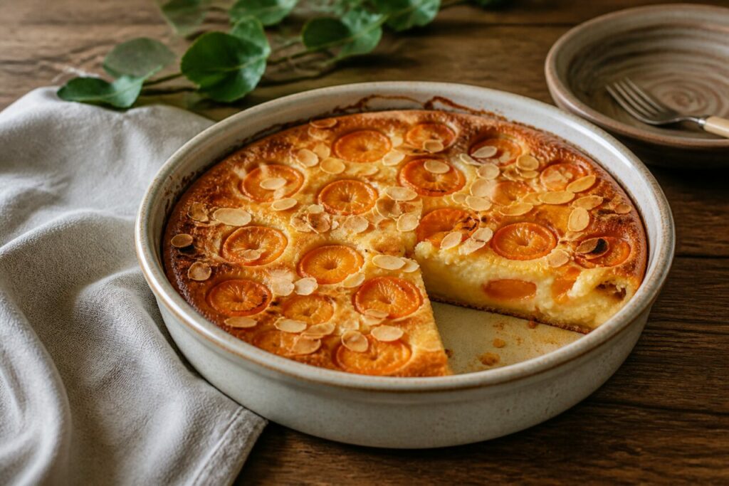 Clafoutis abricot-amande entamé dans son plat rond