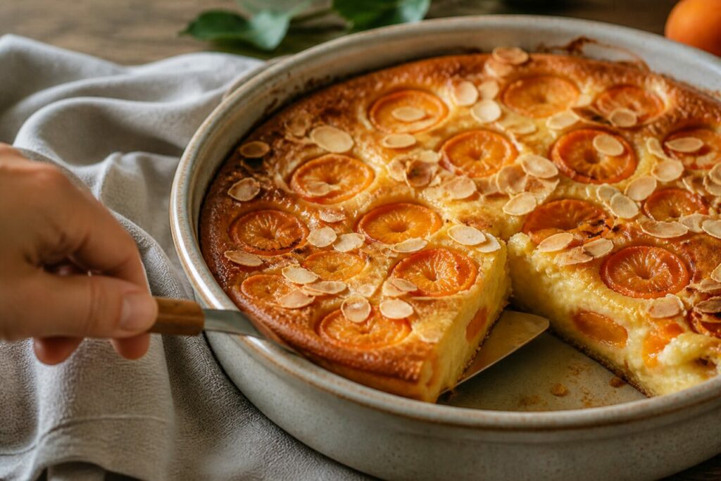 Espátula com uma fatia de clafoutis de alperce