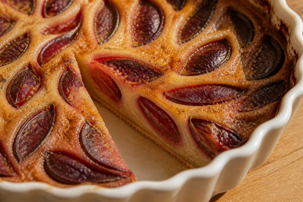 Prunes prises dans la pâte tendre du clafoutis