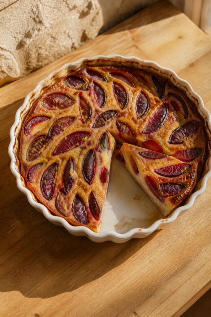 Portion manquante dans le clafoutis aux prunes encore chaud