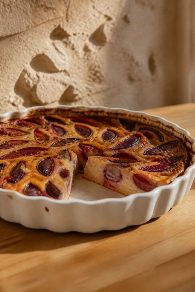 Plat blanc et part séparée de clafoutis aux prunes