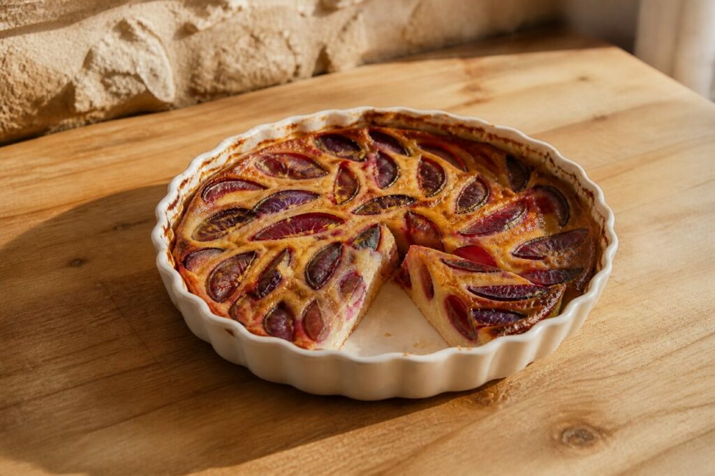 Clafoutis aux prunes entamé dans son plat cannelé