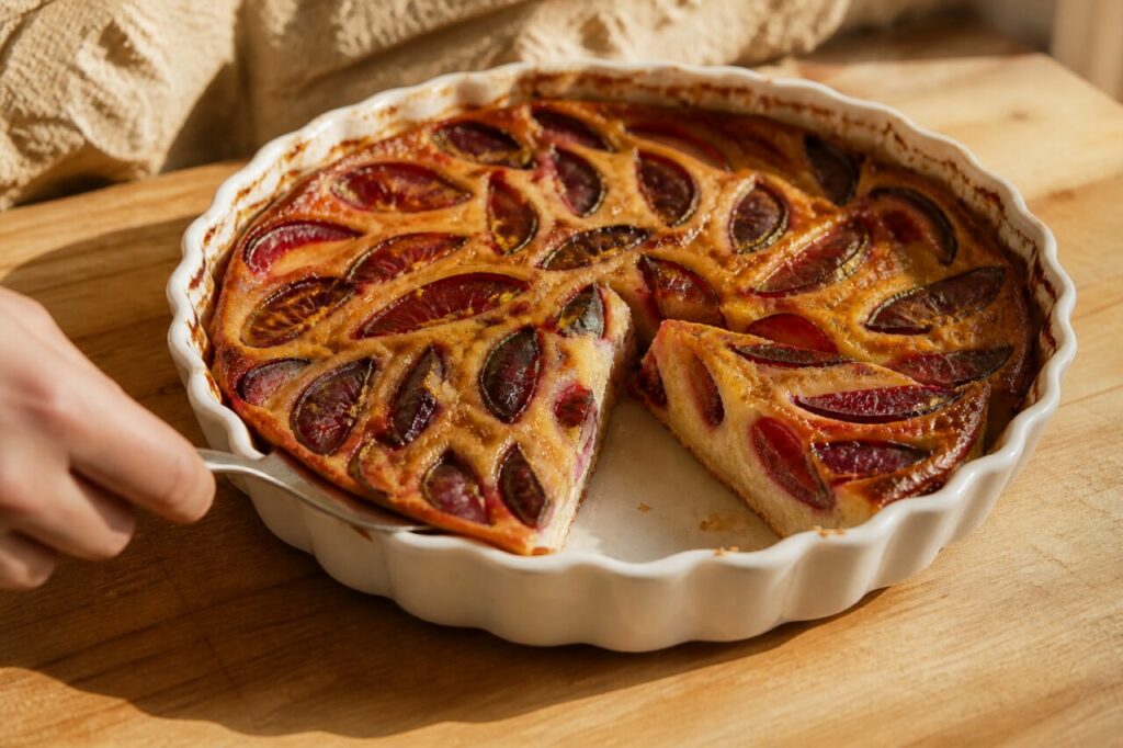 Pelle à gâteau sous une part de clafoutis aux prunes