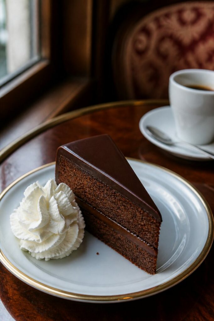 Clarté extérieure sur une Sachertorte servie près du café