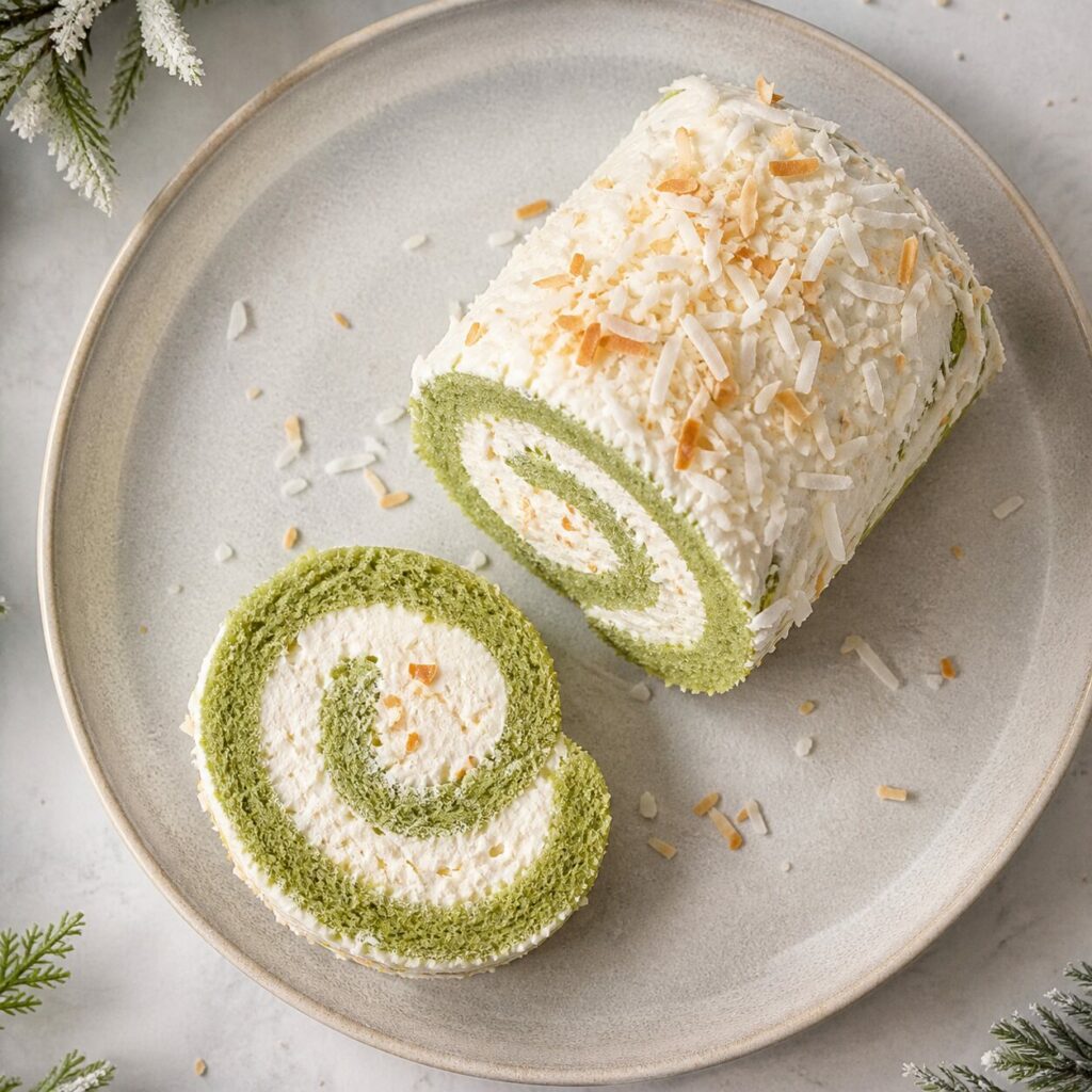 Golden coconut crowns the pandan roll cake