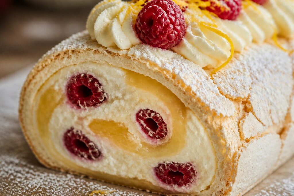 Cuore agrumato del rotolo di meringa limone e lamponi