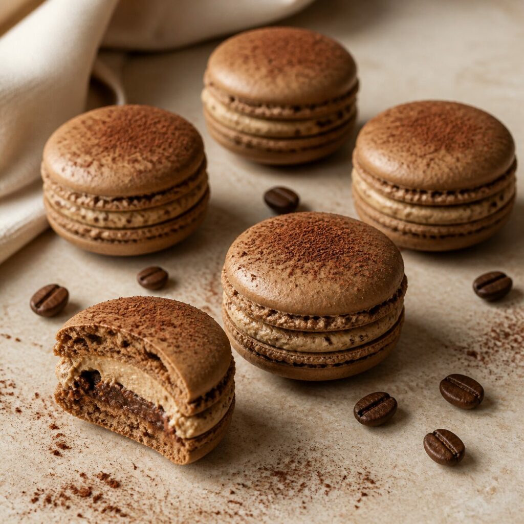 Cœur brun du macaron café-tiramisu révélé par la coupe