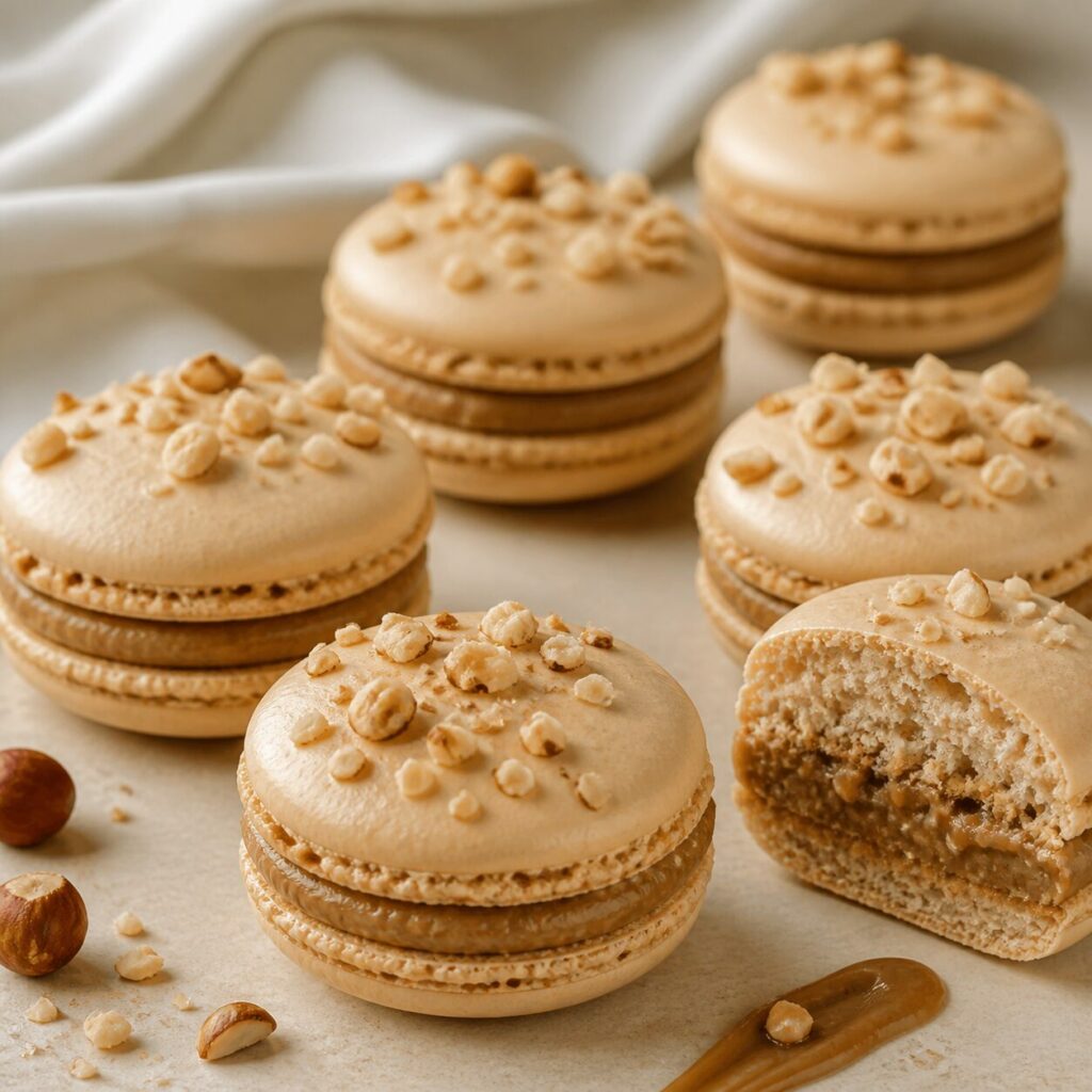 Cuore denso nel macaron tagliato al pralinato di nocciole