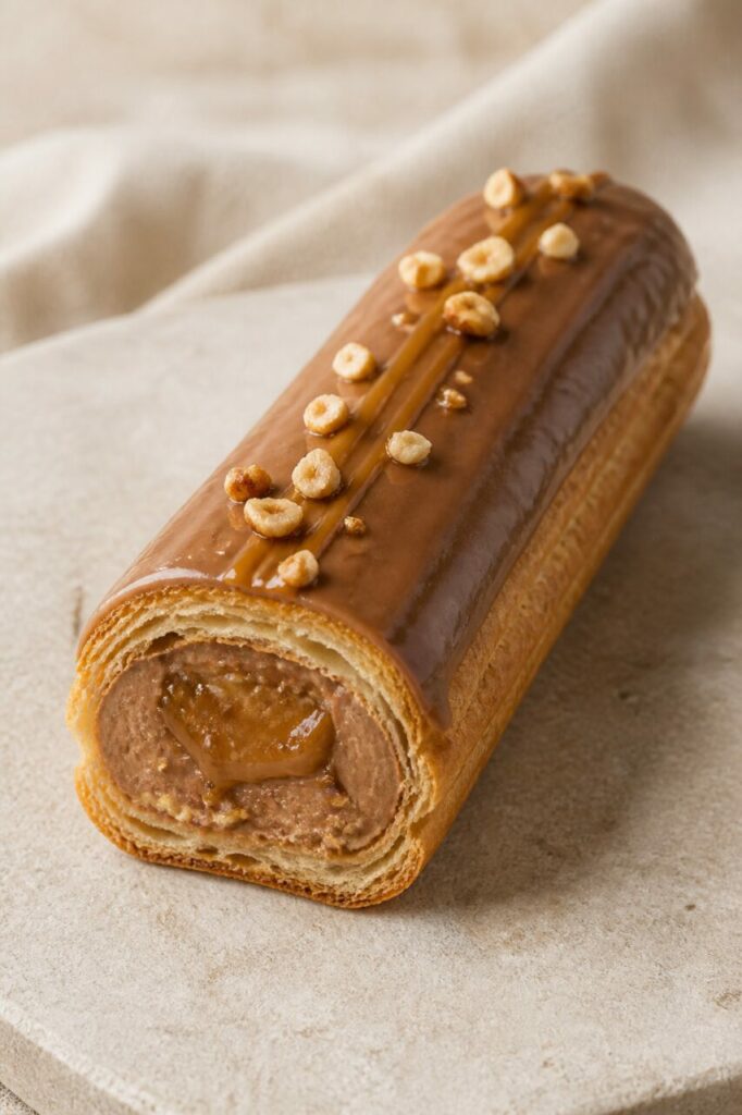 Karamelhart zichtbaar in een aangesneden gianduja-éclair