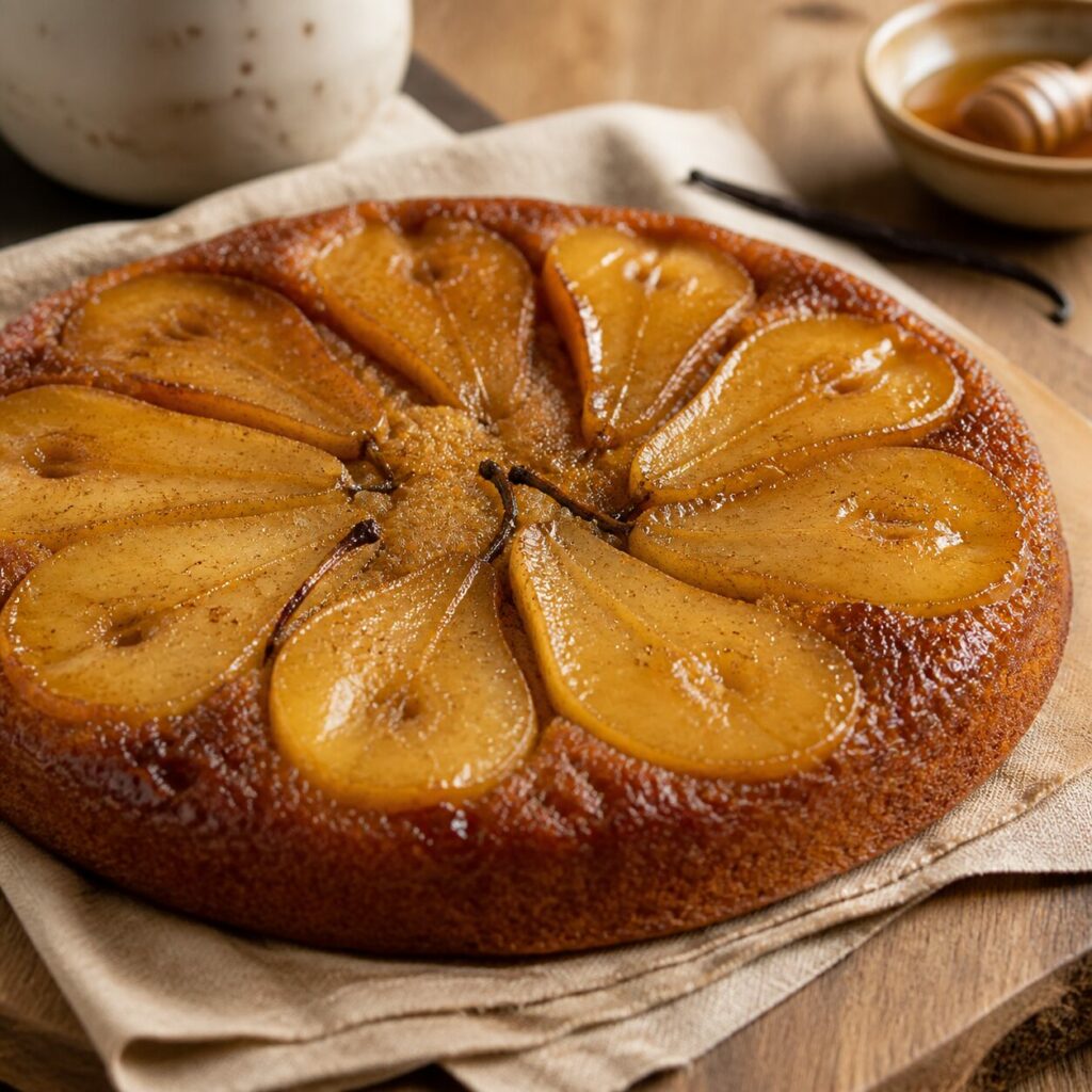Rosace caramélisée au sommet du gâteau aux poires