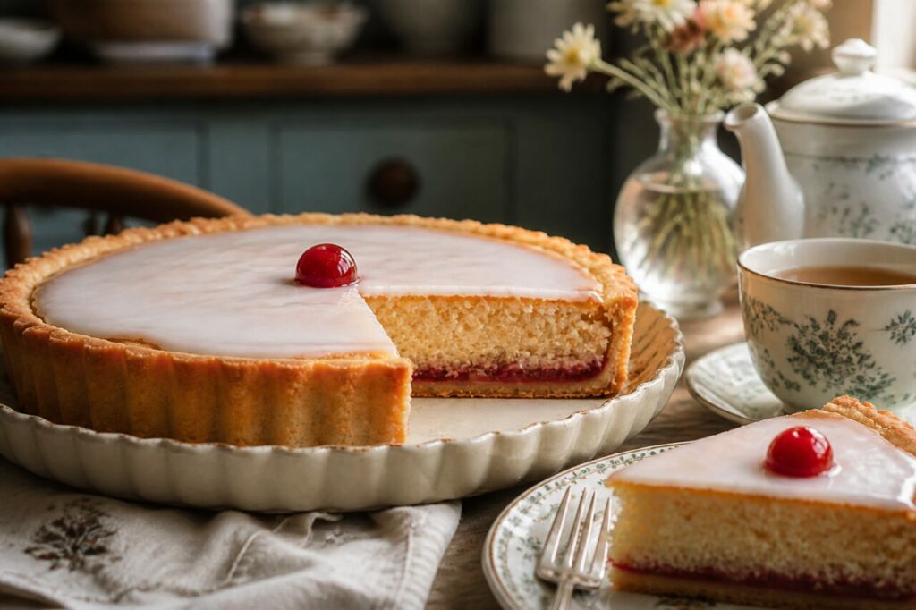 Weiße Glasur und geriffelter Rand der Bakewell-Tarte