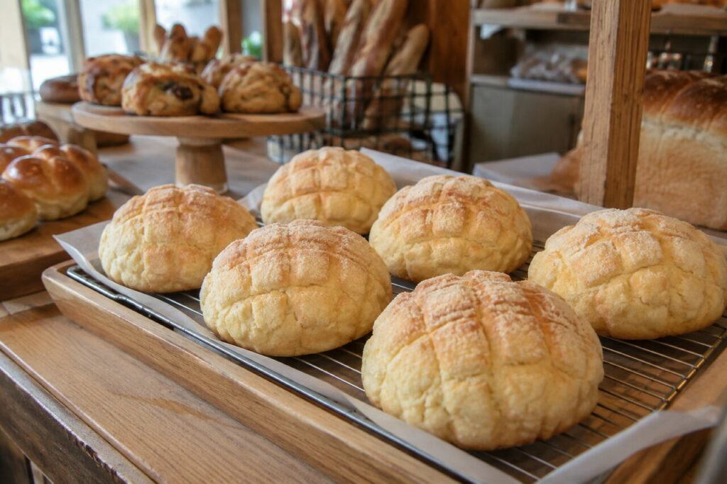 Bakery counter with golden-crusted Japanese melon pan