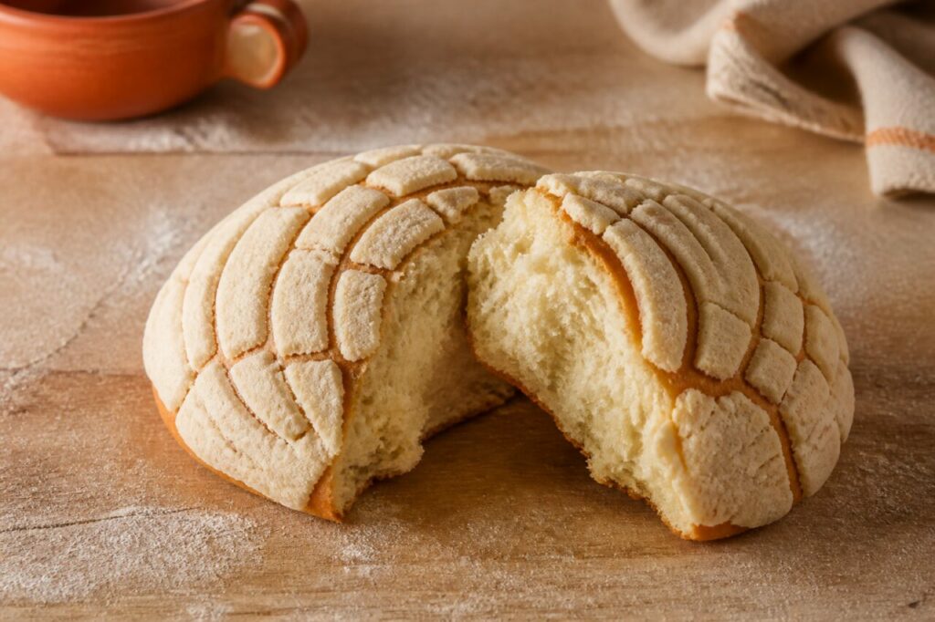 Concha à la vanille fendue sur table de boulangerie
