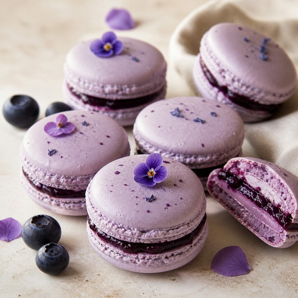Confettura scura nel macaron al mirtillo e violetta tagliato