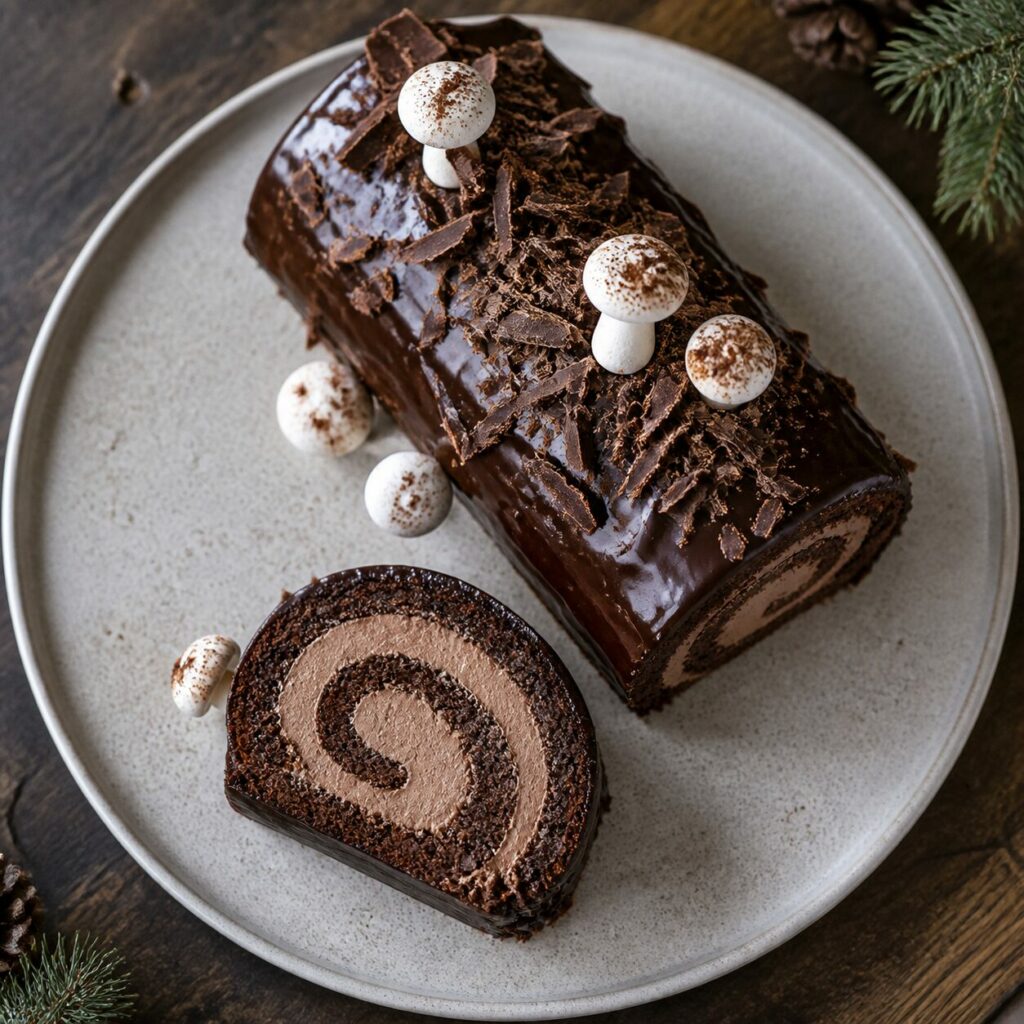 Copeaux bruns et meringues blanches sur la bûche au chocolat noir