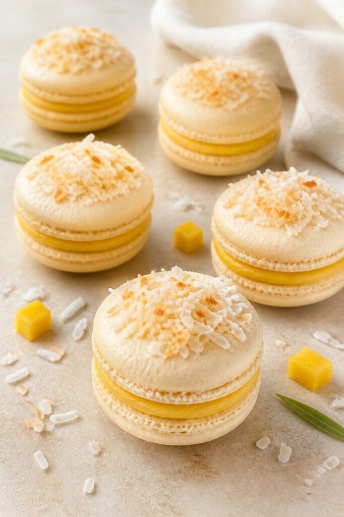 Copeaux grillés de noix de coco sur les macarons coco-mangue