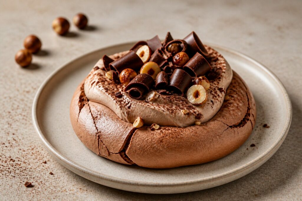 Guscio screpolato della pavlova al cioccolato e nocciole