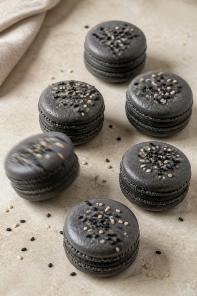 Crisp shell and sesame ganache in one macaron