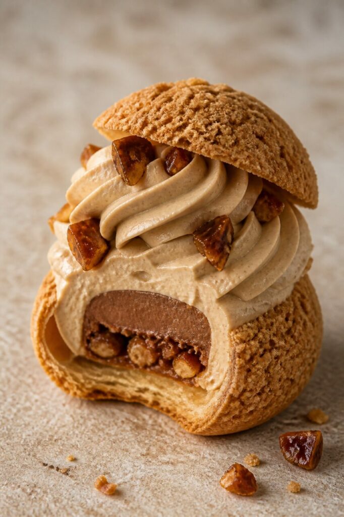 Casca do choux aberta sobre creme, chocolate e frutos secos
