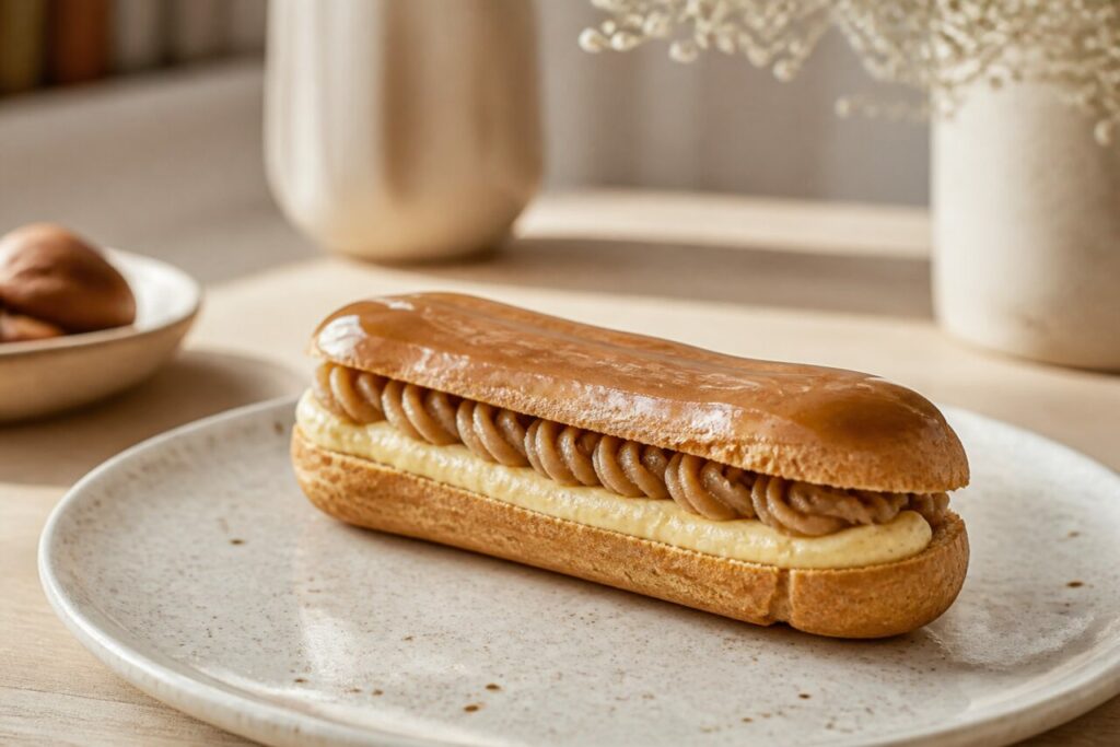 Golden choux shell with two fillings in the chestnut éclair
