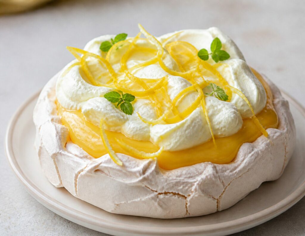 Coque fissurée et zestes croisés sur la pavlova au citron