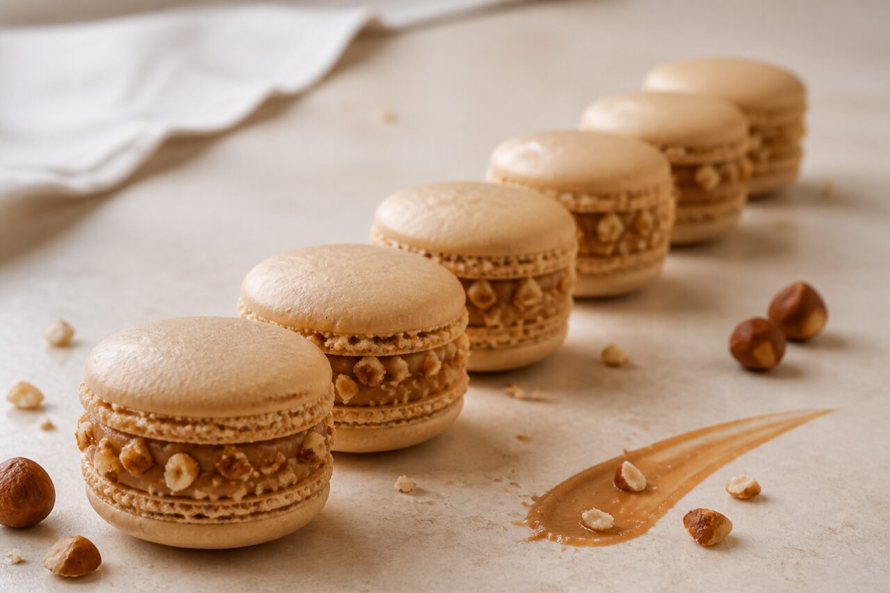 Smooth beige shells and delicate feet characterise hazelnut praline macarons