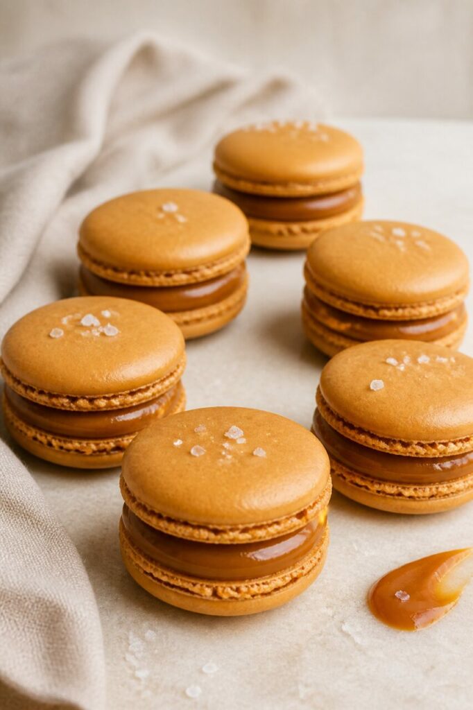 Conchas douradas e recheio generoso nos macarons de caramelo salgado