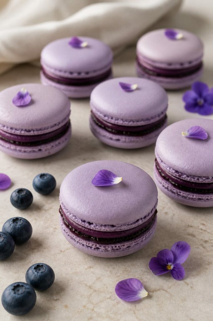 Gusci lilla e mirtilli attorno ai macaron alla violetta