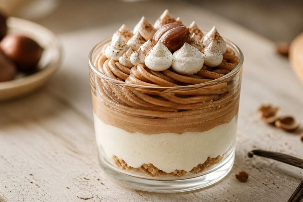 Crema di castagne in fili sul Mont Blanc in bicchiere