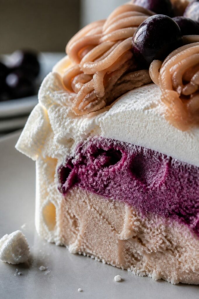 Cassisschichten unter aufgespritzter Maronencreme — Maronen-Cassis-Vacherin, gefroren