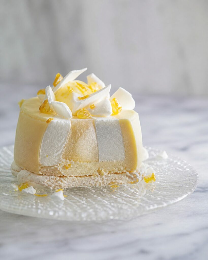 Couches citronnées, meringue et zestes confits — Vacherin citron-yuzu glacé